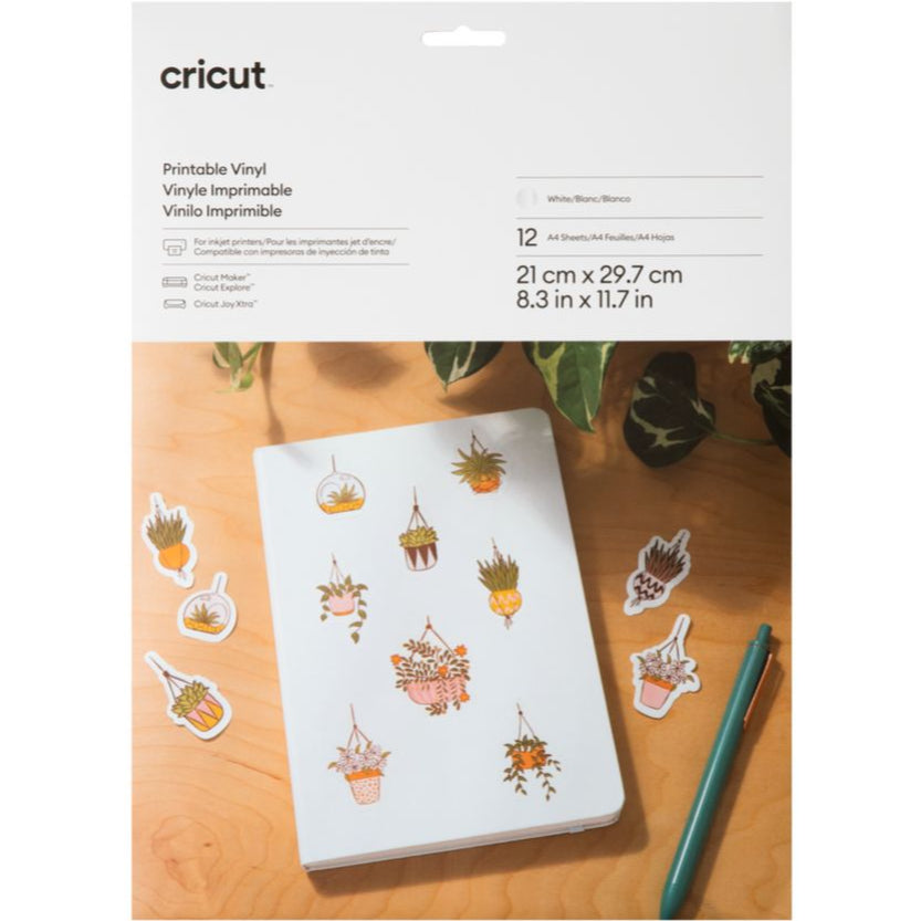 Cricut - Printable Vinyl - 12 Feuilles de Vinyle Imprimable - Blanc - 21 x 29,7 cm