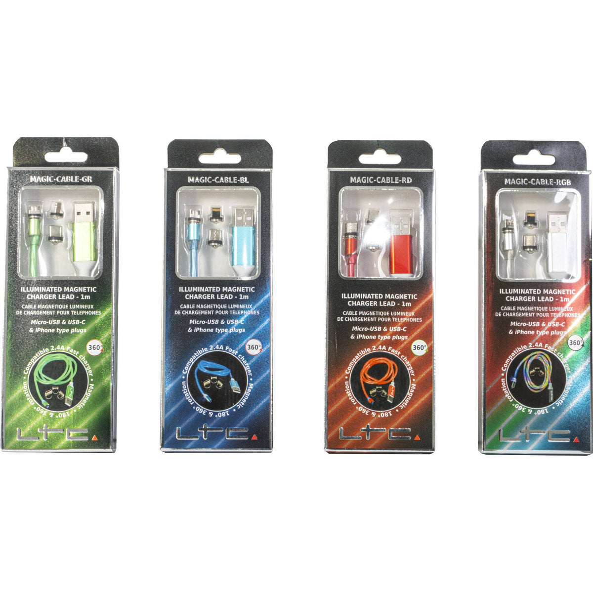 Magic-Cable-RGB - Câble de Charge Magnétique multi embout USB micro/USB/Iphone Lumineux Multicolore - 1 m